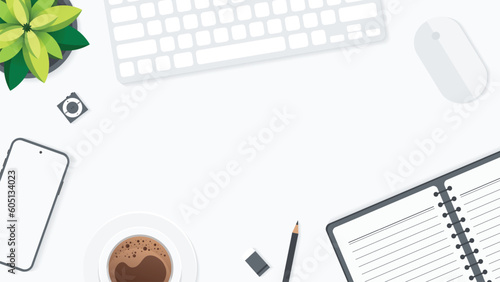 Cover and banner of working desk with gadget. Top view of table working and free space for text with computer, laptop, notebook, coffee cup, phone and paper.