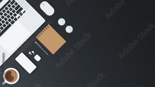Cover and banner of working desk with gadget. Top view of table working and free space for text with computer, laptop, notebook, coffee cup, phone and paper.