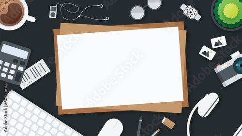 Cover and banner of working desk with gadget. Top view of table working and free space for text with computer, laptop, notebook, coffee cup, phone and paper.