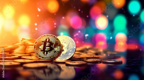 A gold and black coin with the word b on it