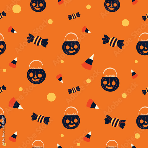 Halloween Vector seamless pattern with pumpkin, and candy.Orange background.