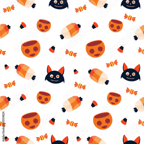 Halloween Vector seamless pattern with pumpkin,candy, meat and cat. White background.