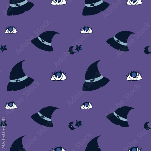 Halloween Vector seamless pattern with witch hat, moon and stars, and eyeballs.
purple background.