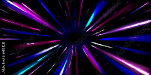 Abstract neon blue and purple light traces. Vector realistic illustration of hyperspace jump into black hole through vibrant tunnel, fast speed motion effect, teleportation through space galaxy
