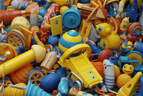 a variety of toys in bright colors or yellow and blue. generative ai