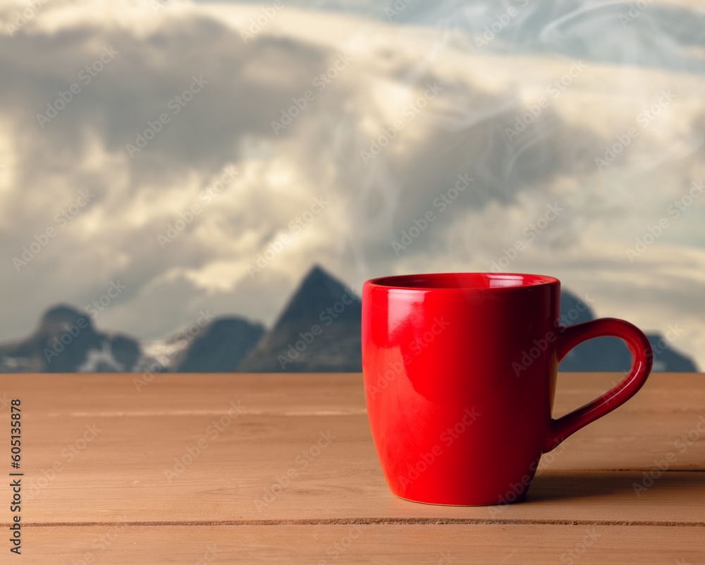 Obraz premium Tasty hot tea in cup in the sunrise background.