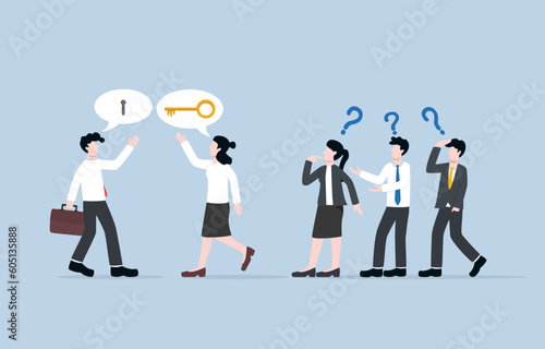 Business secret, specific talk and negotiation, confidential communication concept, Businessman and woman talking about confidential information.