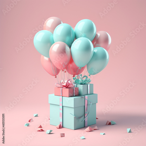 a blue gift box floating in the air with colored balloons in pastel colours. generative ai © Strabiliante