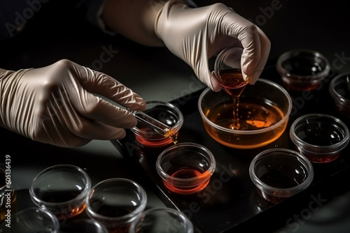 Hands in special rubber gloves of a scientist pouring fluid samples with the pipette into a petri dish in a laboratory. Lab Technician doing test, mixing formula. Generative AI Technology