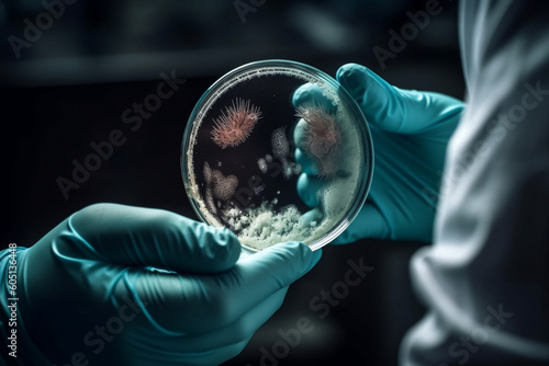 Two hands in blue rubber glove of a lab scientist holding a Petri dish with growing found unusual bacteria culture of microorganisms in microbiology room at Laboratory. Epidemic concept. Generative AI © Valeriia