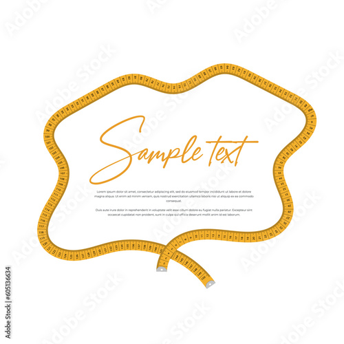 Abstract horizontal illustration of a wavy yellow measuring centimeter tape on a white background. There is a place for your text in the center. 