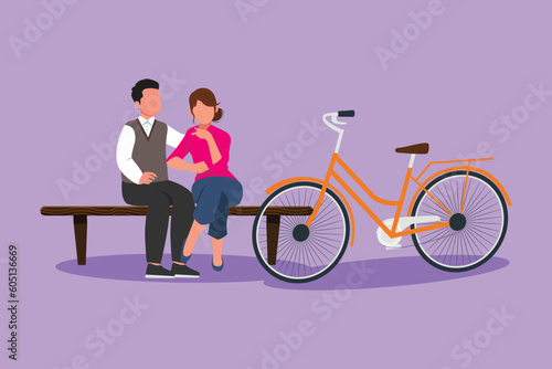 Character flat drawing romantic couple chatting while sitting on bench. Romantic teenage couple ride bike and take a rest at city park. Young man and woman in love. Cartoon design vector illustration