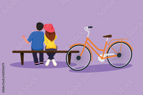 Cartoon flat style drawing back view of romantic couple talking while sitting on bench at park. Happy man woman riding an electric bike. Evening walk by the river. Graphic design vector illustration
