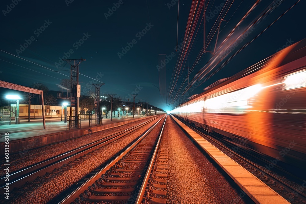 Fototapeta premium Wide angle long exposure of train travelling using generative AI