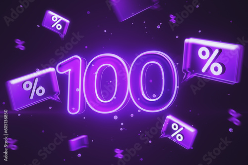 Hot sale, 100 percent of and online shopping concept with purple digital glowing 100 icon on dark background with speech bubbles. 3D rendering photo