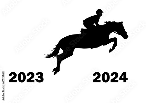 Graphics design silhouette horse jumping from 2023 to 2024 new year vector illustration