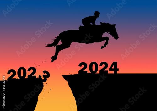 Graphics design silhouette horse jumping from 2023 to 2024 new year with sunrise background vector illustration