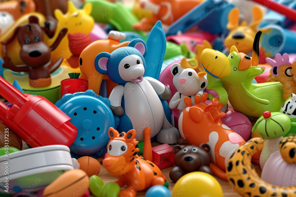 Obraz premium various toys grouped up on wooden floor. generative ai.