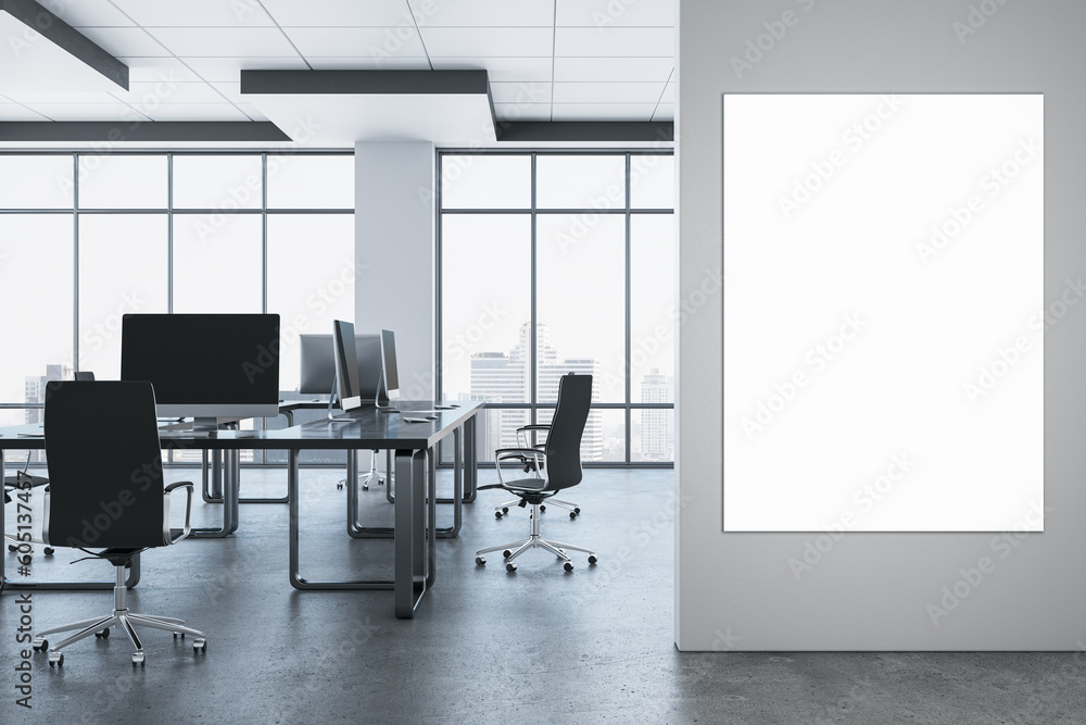 Modern minimal coworking office interior with blank white mock up banner , furniture and panoramic windows with city view. 3D Rendering. Modern minimal coworking office interior with blank white mock up banner , furniture and panoramic windows with city view. 3D Rendering.