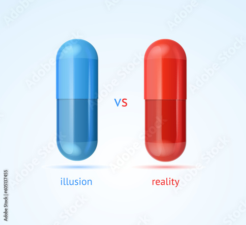 Realistic Detailed 3d Red and Blue Pills Capsules Set Illusion vs Reality Banner Concept. Vector illustration