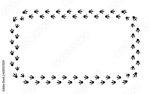 Dragon footprint frame. Hand drawn rectangle dinosaur paw print border. Dragon foot frame template. Dino cute trail texture border. Vector illustration isolated on white background.