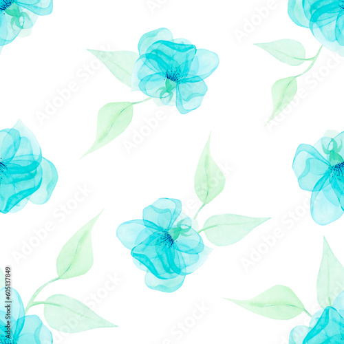 Watercolor drawing rapport of half-transparent clear blue flowers with stems and leaves on white background. Nice picture for illustration, stickers, cards, scrapbooking