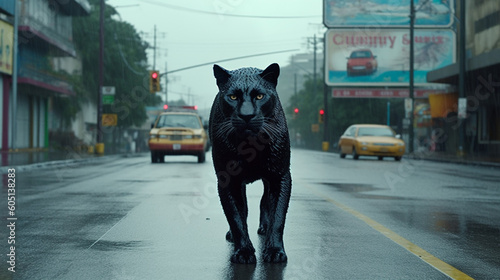 Black panther walking on a road in the rain photo