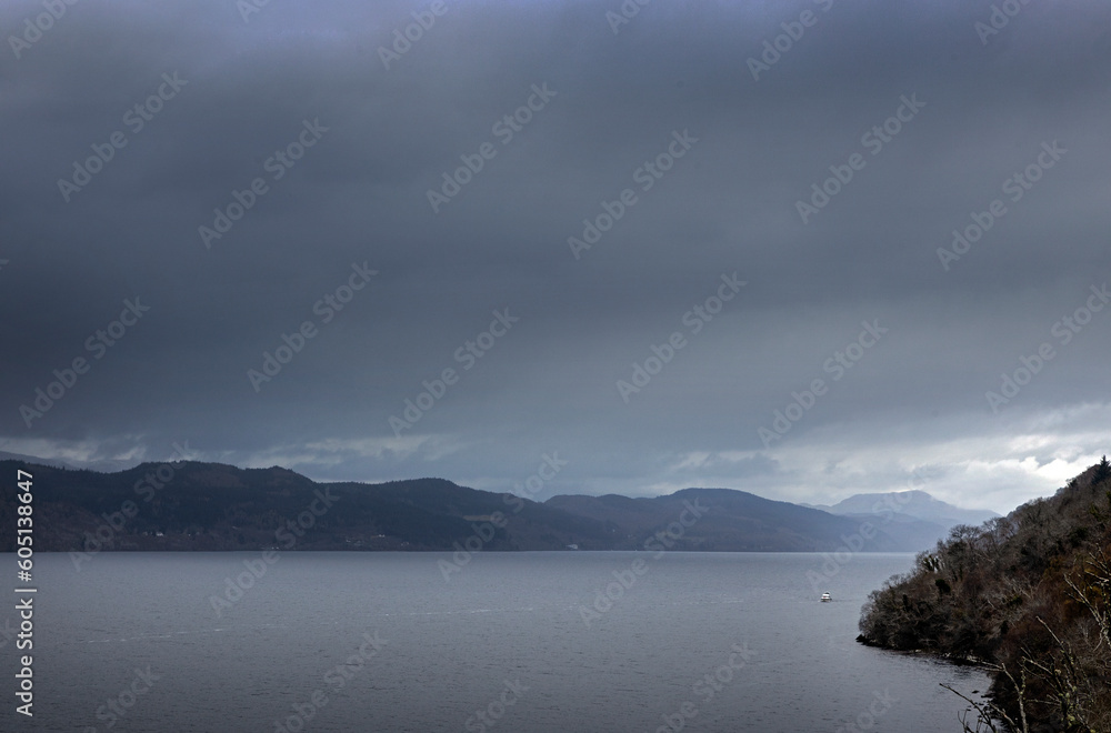 Loch Ness. Urquhart Castle. Lake. Scotland. Fog. Misty morning. 