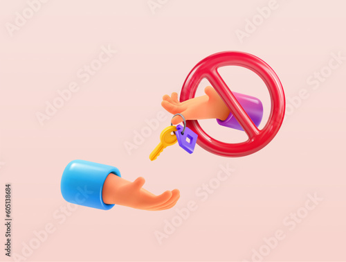 Isolated 3d cartoon vector hands holding door key. Crime, unfair, scammer real estate agent give keys to buyer vector illustration. Fake, fraud loan, mortgage or property template. Apartment rent web 