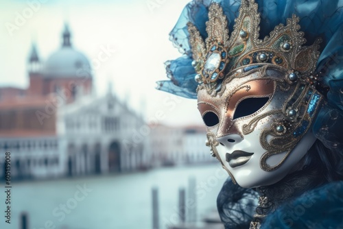 Venetian Carnival Mask worn by a stylish model, with a blurred cityscape in the background, blending fashion and culture to appeal to a contemporary audience. Generative AI © bluebeat76