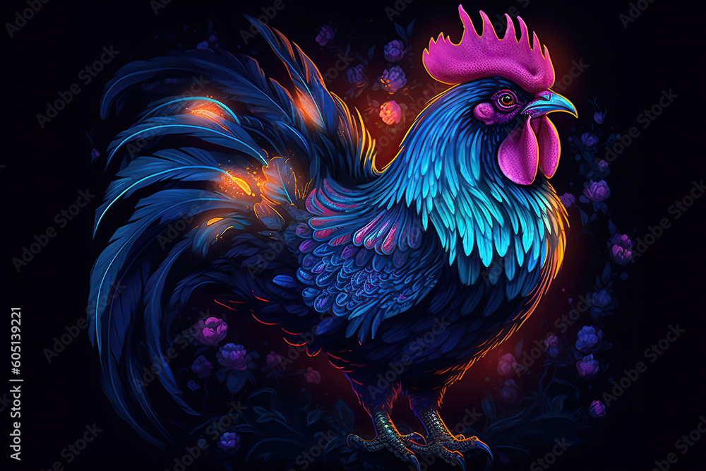 illustration of a colorful glowing rooster, beautiful art, Generative AI
