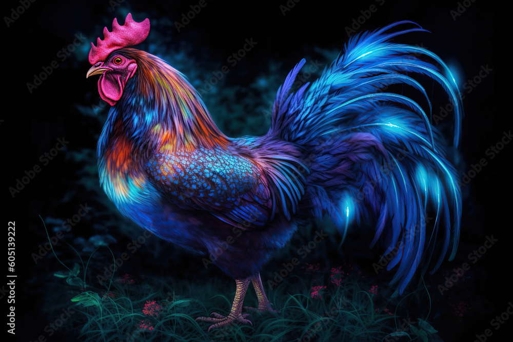 close up of a proud rooster with colorful glowing feathers, Generative AI