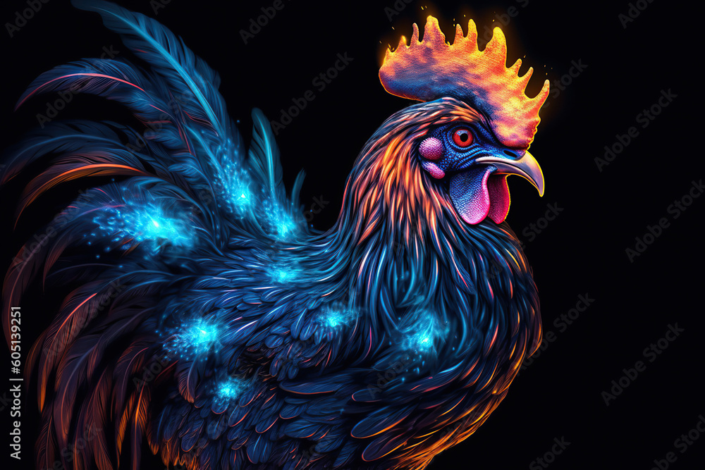 portrait of a glowing rooster, Generative AI portrait of a glowing rooster, Generative AI