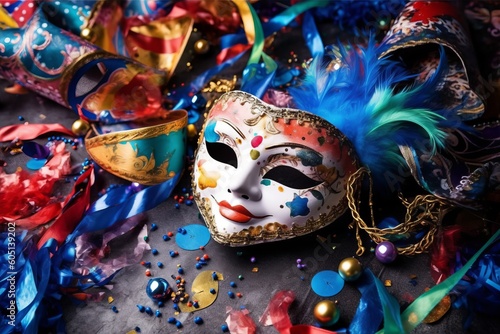 Featuring Venetian Carnival Mask alongside other carnival-themed props, such as confetti, streamers, and party hats. Concept for festive event promotions. Generative AI