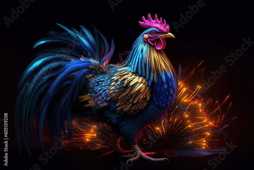 illustration of a colorful rooster, lightning in the background, Generative AI