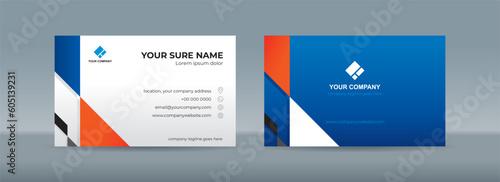 Set of double sided business card templates with blue orange white triangle background