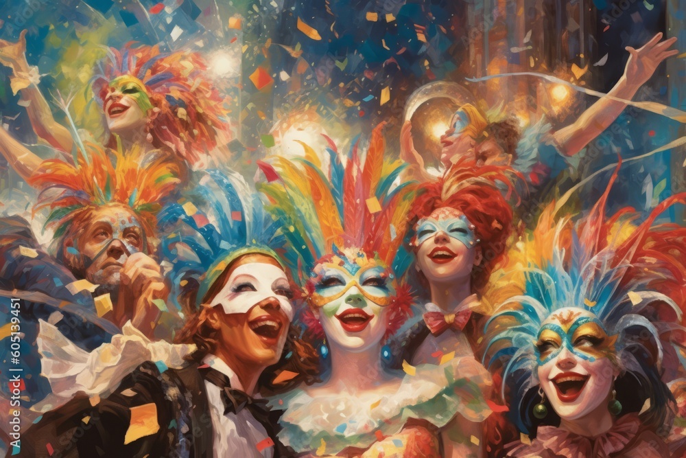 A group of people wearing Venetian Carnival Masks, engaging in a lively  celebration, conveying the joy and festive atmosphere of the carnival.  Generative Ai Stock Illustration