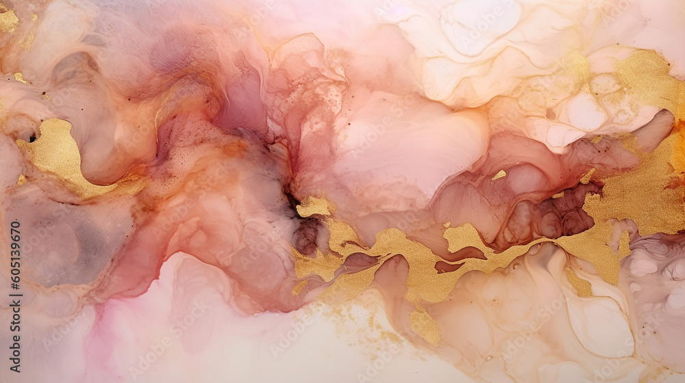 Abstract beige art with gold accents features a pink. Abstract beige art with gold accents features a pink.