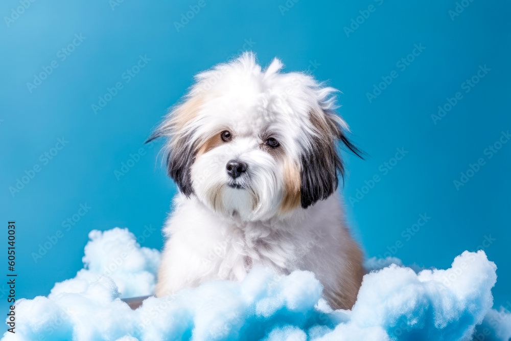 Funny puppy sitting in bathtub waiting for grooming. Banner for pet shop, grooming salon. Generative AI Funny puppy sitting in bathtub waiting for grooming. Banner for pet shop, grooming salon. Generative AI
