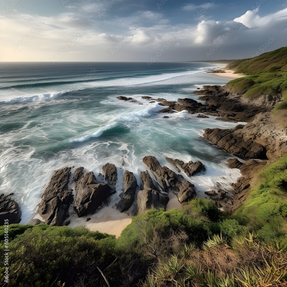 Obraz premium Immerse yourself in the breathtaking beauty of a panoramic view showcasing a rocky coastline kissed by sunshine, overlooking crystal clear waters. Witness nature's pristine allure.