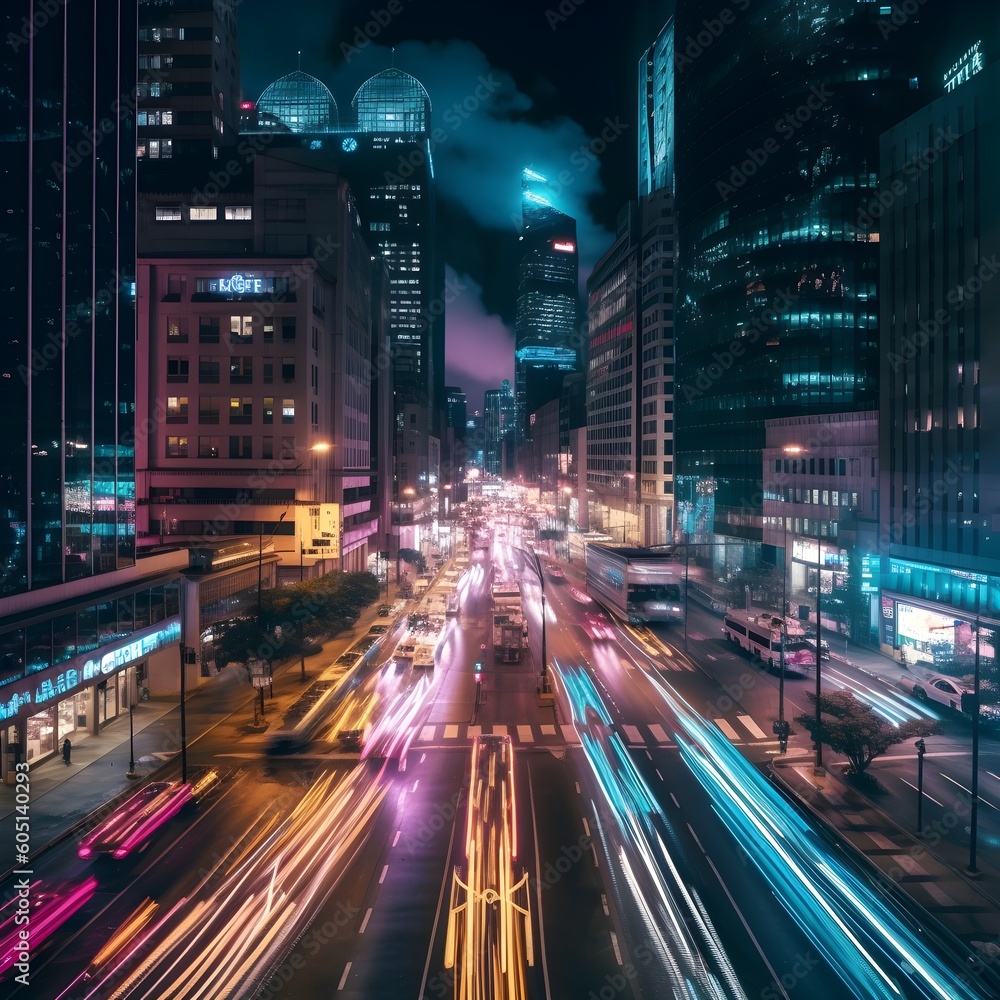 Be captivated by the enchanting cityscape at night, with mesmerizing light trails created by moving cars. Witness the vibrant energy of urban life.