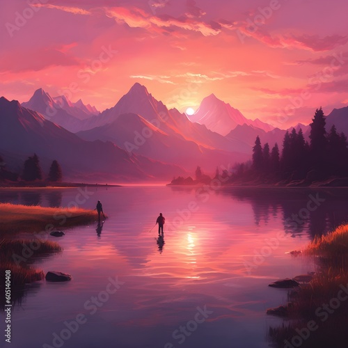 Single fisherman with rod standing in front of silent water lake with beautiufl mountains in the backdrop and red light sunrise in the morning.  © PSCL RDL