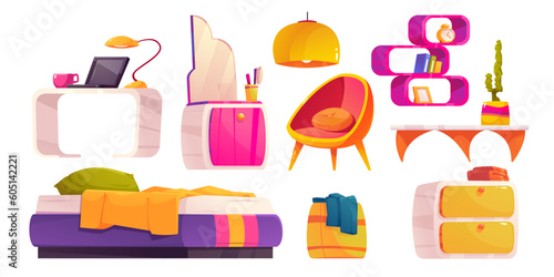 Girl bedroom interior with bed, pink shelf with books, laptop on desk, armchair and dressing table with mirror. Furniture in groovy style isolated on white background, vector cartoon illustration