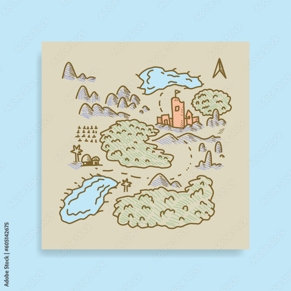 hand drawn fantasy map of kingdom, mountain, lakes and forest