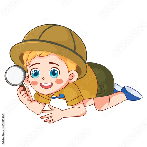 Vector a boy with a hat and a magnifying glass is looking for something.