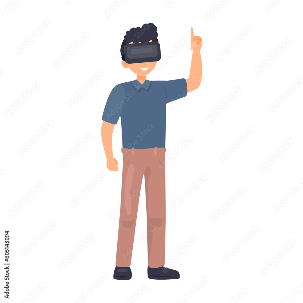 Boy with dark hair wearing vr glasses illustration in color cartoon style. Editable vector graphic design.