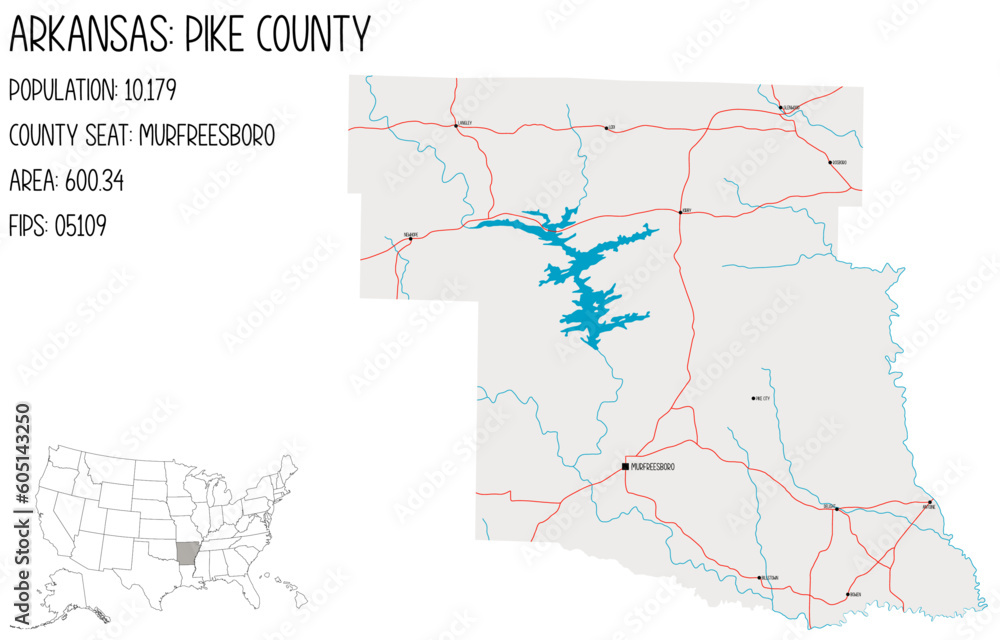 Large and detailed map of Pike County in Arkansas, USA.