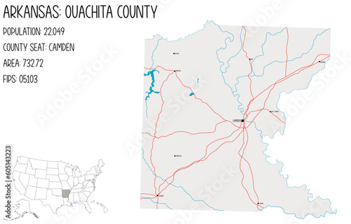Large and detailed map of Ouachita County in Arkansas, USA.