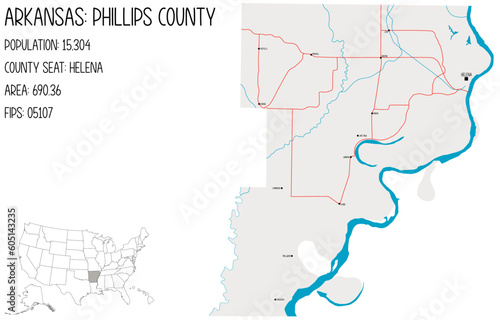 Large and detailed map of Phillips County in Arkansas, USA.