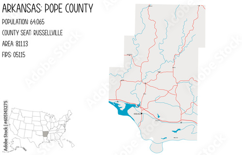 Large and detailed map of Pope County in Arkansas, USA.